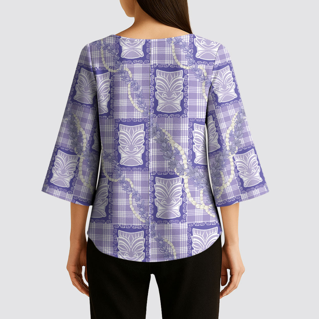 Aloha Hawaii Tiki Palaka Motifs Kimono Sleeve Blouse Honohono Lei Purple Elegant Vibes