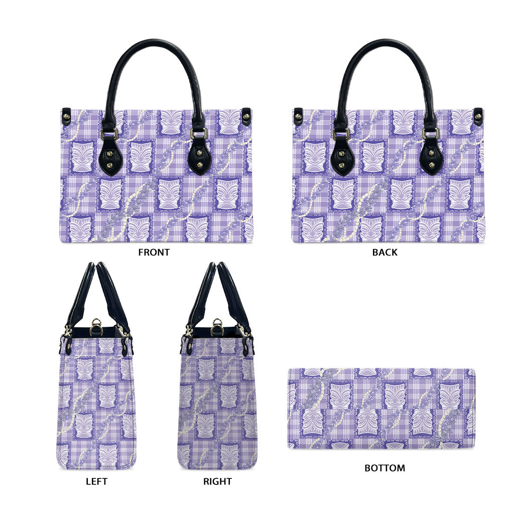 Aloha Hawaii Tiki Palaka Motifs Leather Bag Honohono Lei Purple Elegant Vibes