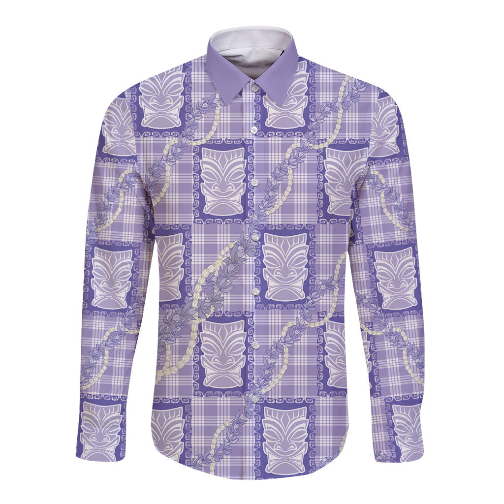 Aloha Hawaii Tiki Palaka Motifs Long Sleeve Button Shirt Honohono Lei Purple Elegant Vibes