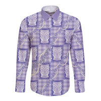 Aloha Hawaii Tiki Palaka Motifs Long Sleeve Button Shirt Honohono Lei Purple Elegant Vibes