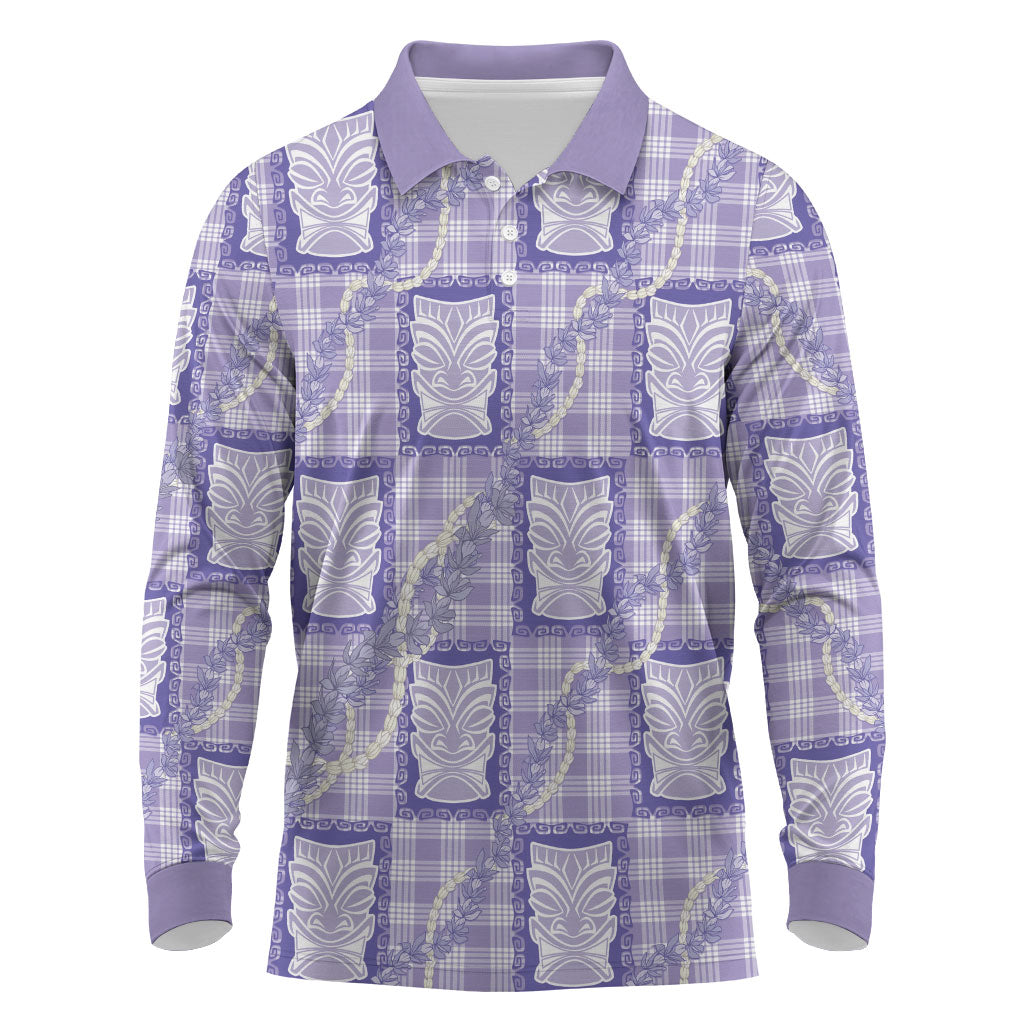 Aloha Hawaii Tiki Palaka Motifs Long Sleeve Polo Shirt Honohono Lei Purple Elegant Vibes