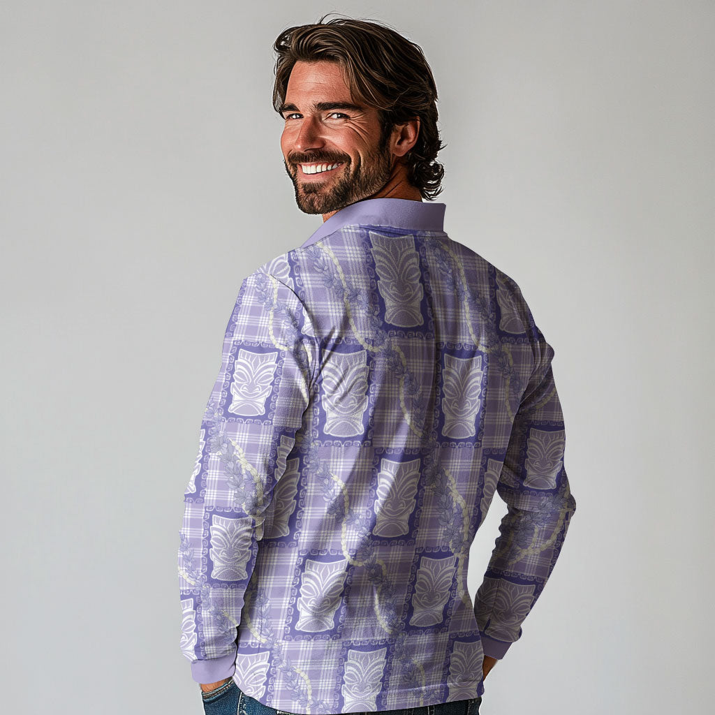 Aloha Hawaii Tiki Palaka Motifs Long Sleeve Polo Shirt Honohono Lei Purple Elegant Vibes