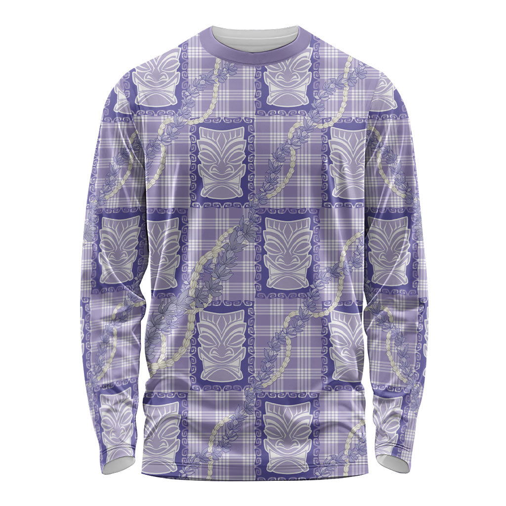 Aloha Hawaii Tiki Palaka Motifs Long Sleeve Shirt Honohono Lei Purple Elegant Vibes