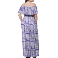 Aloha Hawaii Tiki Palaka Motifs Off Shoulder Maxi Dress Honohono Lei Purple Elegant Vibes