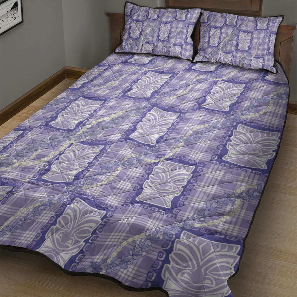 Aloha Hawaii Tiki Palaka Motifs Quilt Bed Set Honohono Lei Purple Elegant Vibes