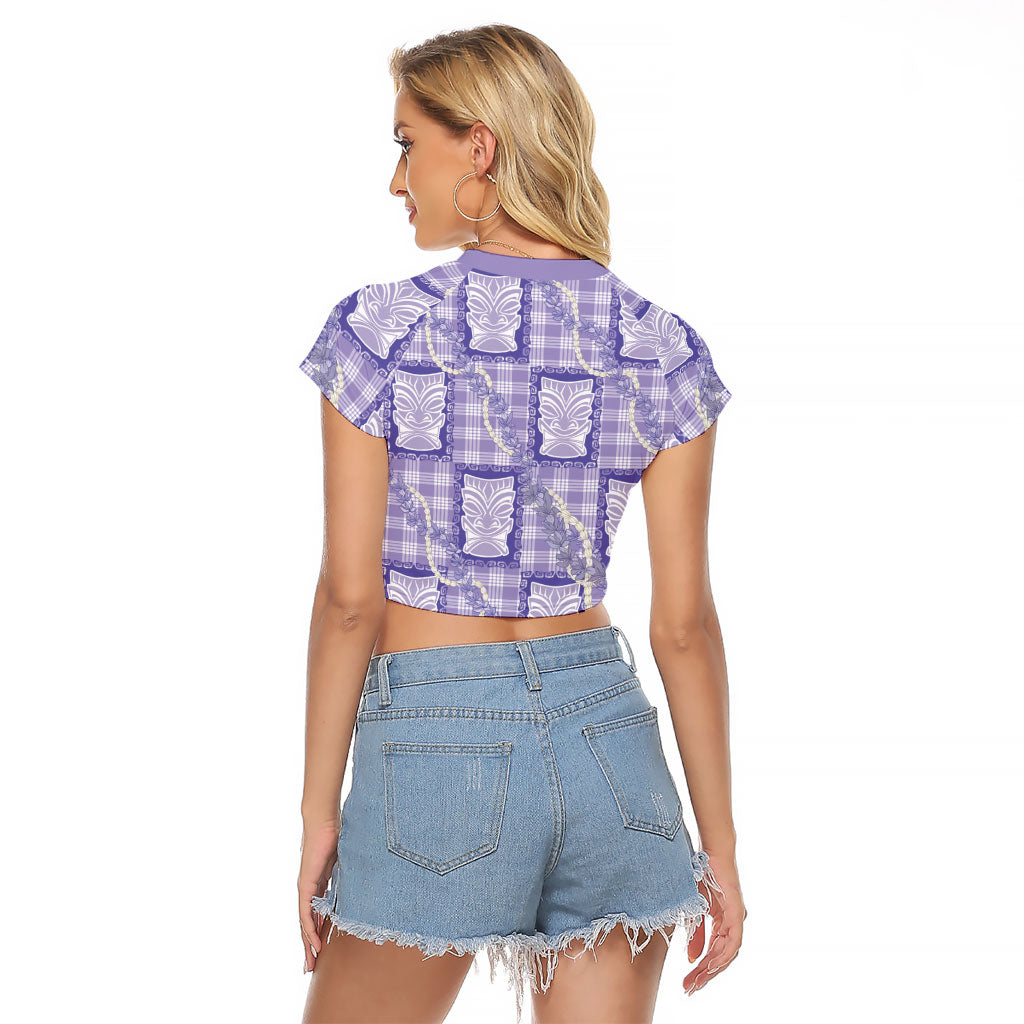 Aloha Hawaii Tiki Palaka Motifs Raglan Cropped T Shirt Honohono Lei Purple Elegant Vibes
