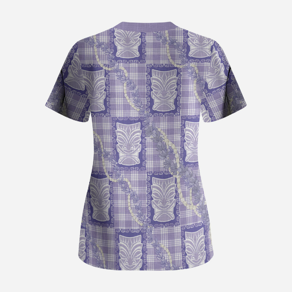 Aloha Hawaii Tiki Palaka Motifs Scrub Top Honohono Lei Purple Elegant Vibes