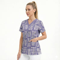 Aloha Hawaii Tiki Palaka Motifs Scrub Top Honohono Lei Purple Elegant Vibes