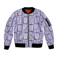Aloha Hawaii Tiki Palaka Motifs Sleeve Zip Bomber Jacket Honohono Lei Purple Elegant Vibes