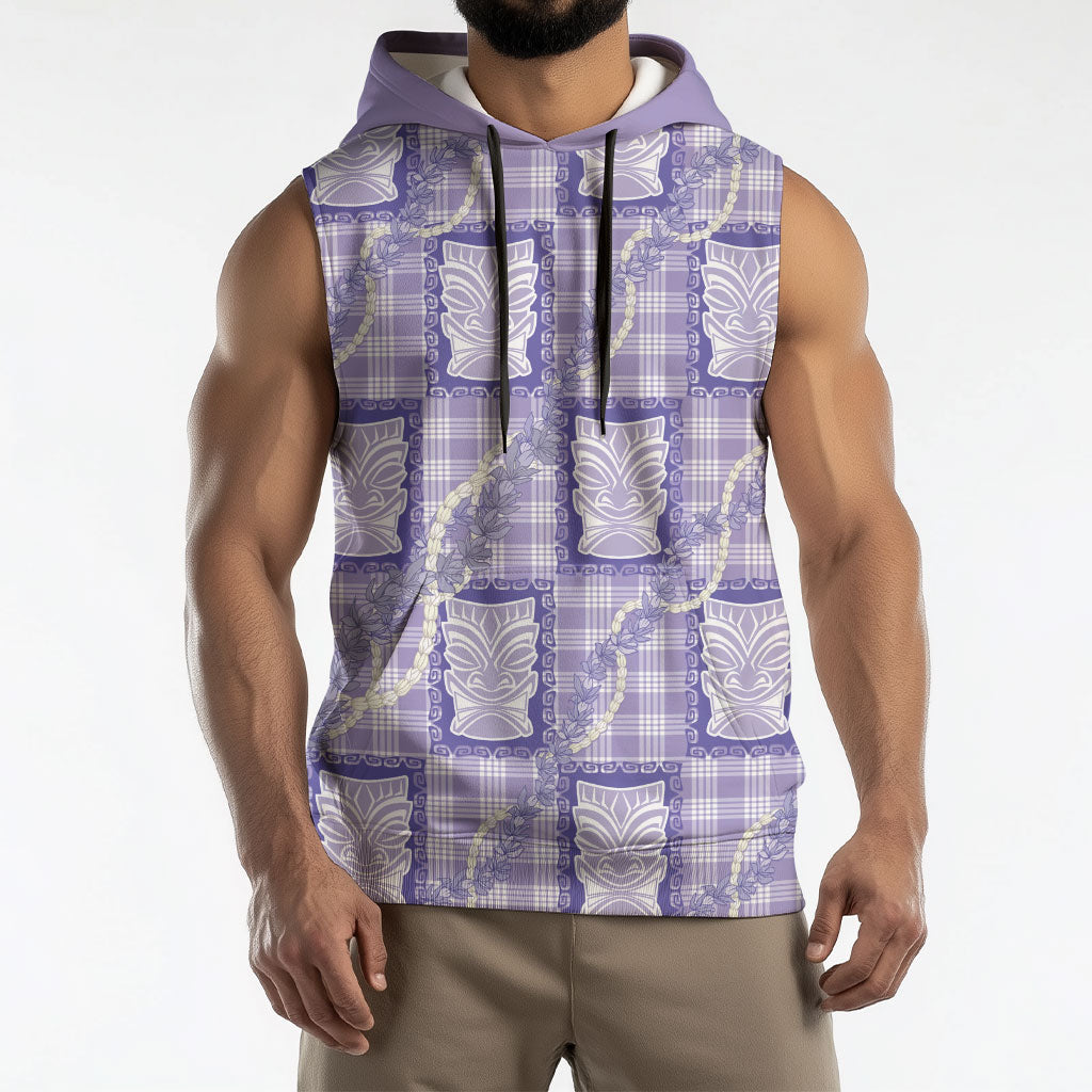 Aloha Hawaii Tiki Palaka Motifs Sleeveless Hoodie Honohono Lei Purple Elegant Vibes