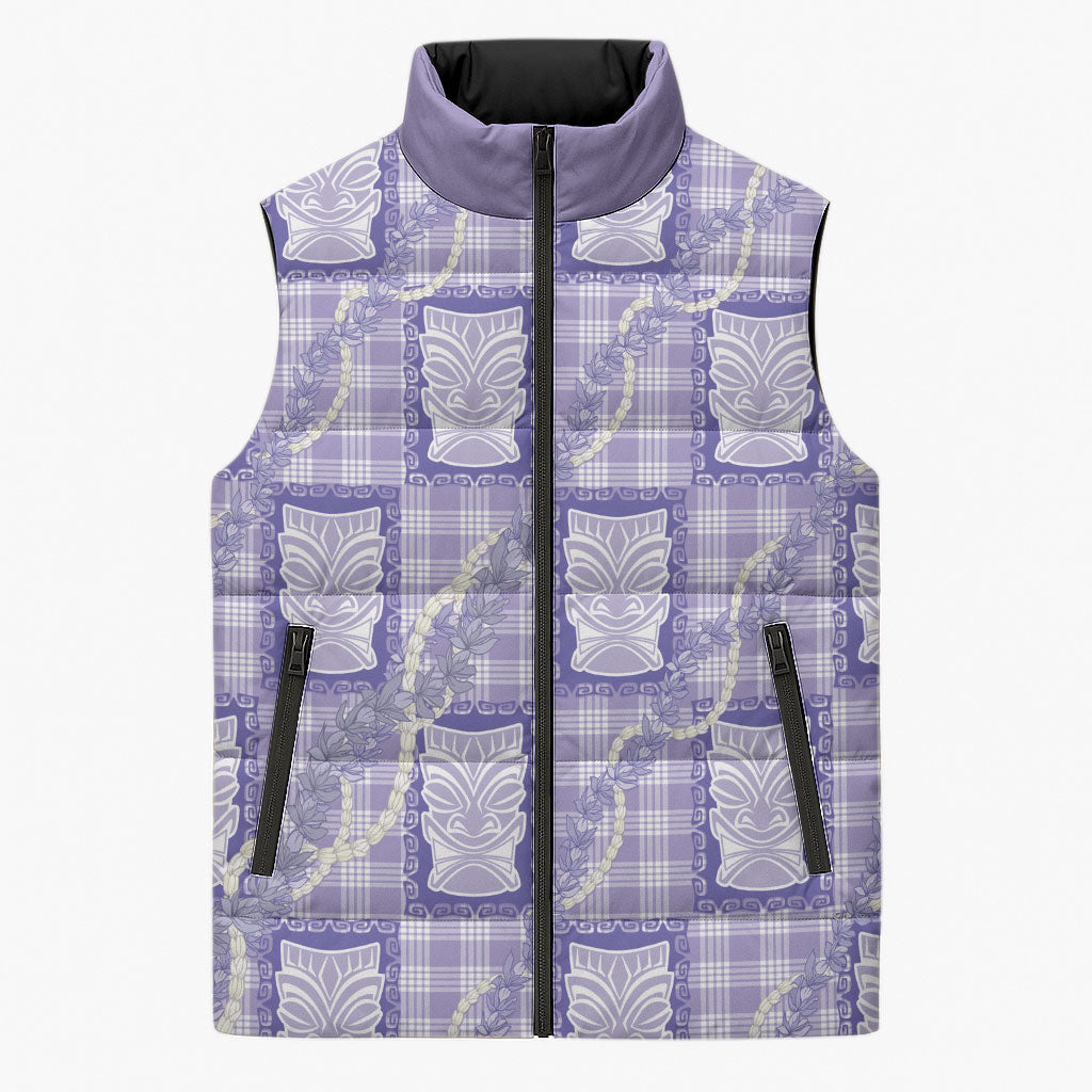 Aloha Hawaii Tiki Palaka Motifs Sleeveless Puffer Jacket Honohono Lei Purple Elegant Vibes