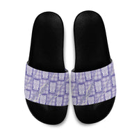 Aloha Hawaii Tiki Palaka Motifs Slide Sandals Honohono Lei Purple Elegant Vibes