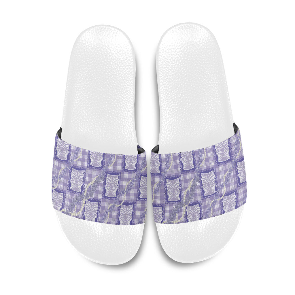 Aloha Hawaii Tiki Palaka Motifs Slide Sandals Honohono Lei Purple Elegant Vibes