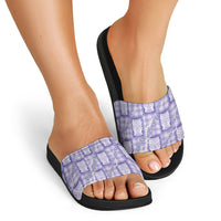 Aloha Hawaii Tiki Palaka Motifs Slide Sandals Honohono Lei Purple Elegant Vibes
