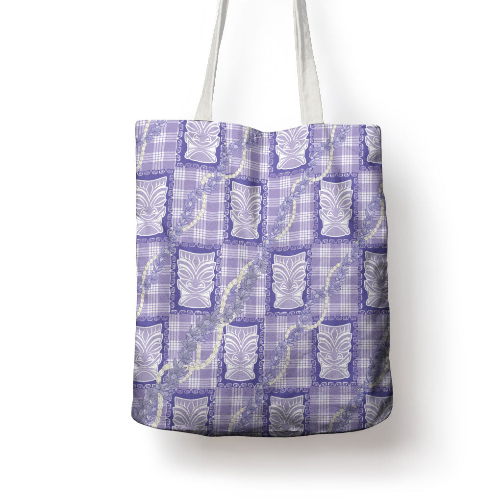 Aloha Hawaii Tiki Palaka Motifs Tote Bag Honohono Lei Purple Elegant Vibes
