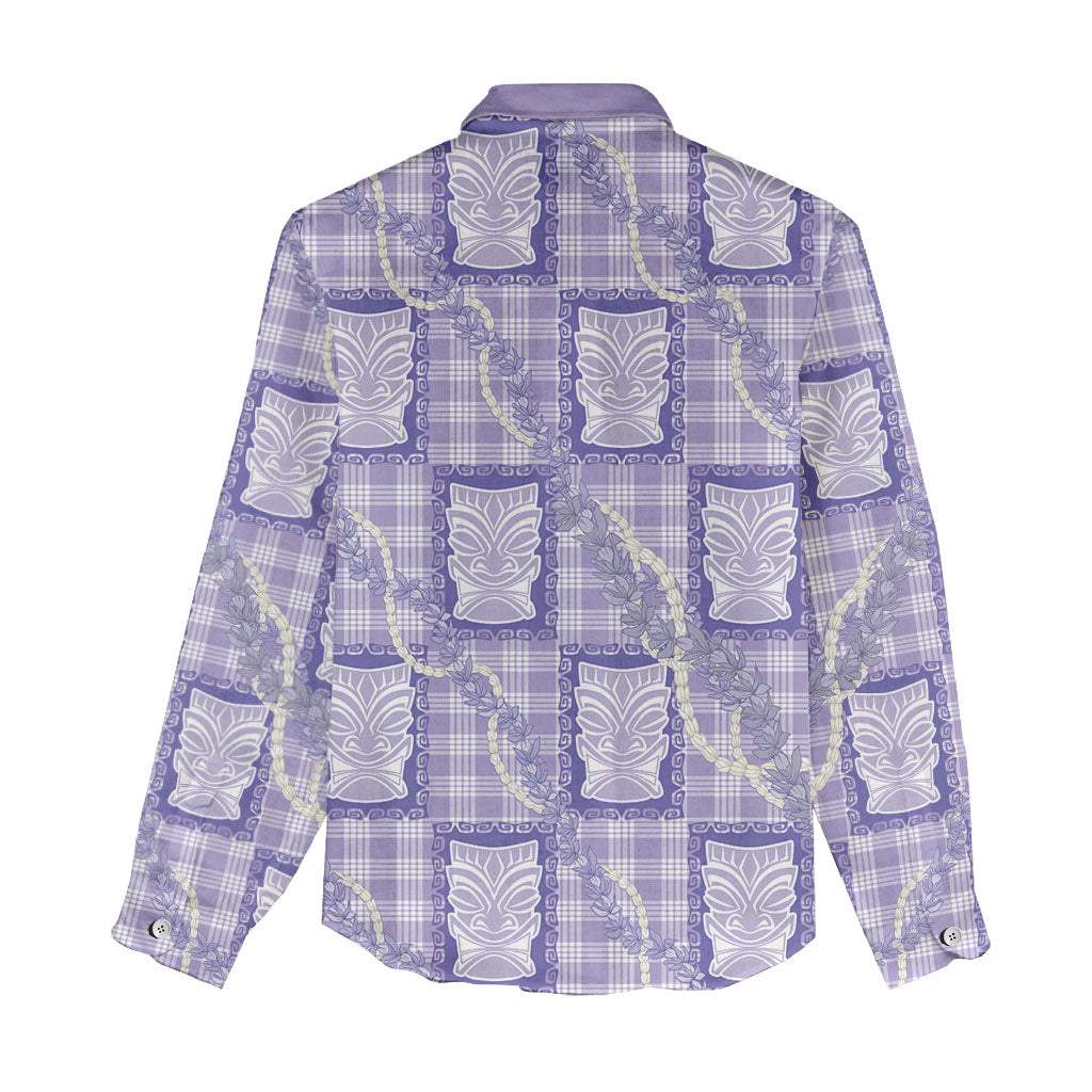 Aloha Hawaii Tiki Palaka Motifs Women Casual Shirt Honohono Lei Purple Elegant Vibes