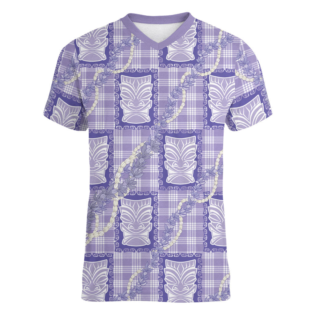Aloha Hawaii Tiki Palaka Motifs Women V-Neck T-Shirt Honohono Lei Purple Elegant Vibes