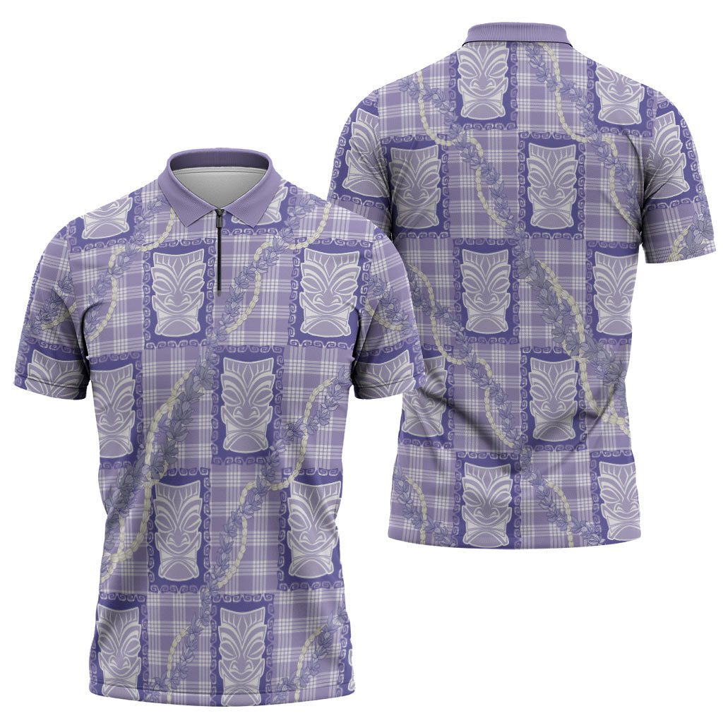 Aloha Hawaii Tiki Palaka Motifs Zipper Polo Shirt Honohono Lei Purple Elegant Vibes