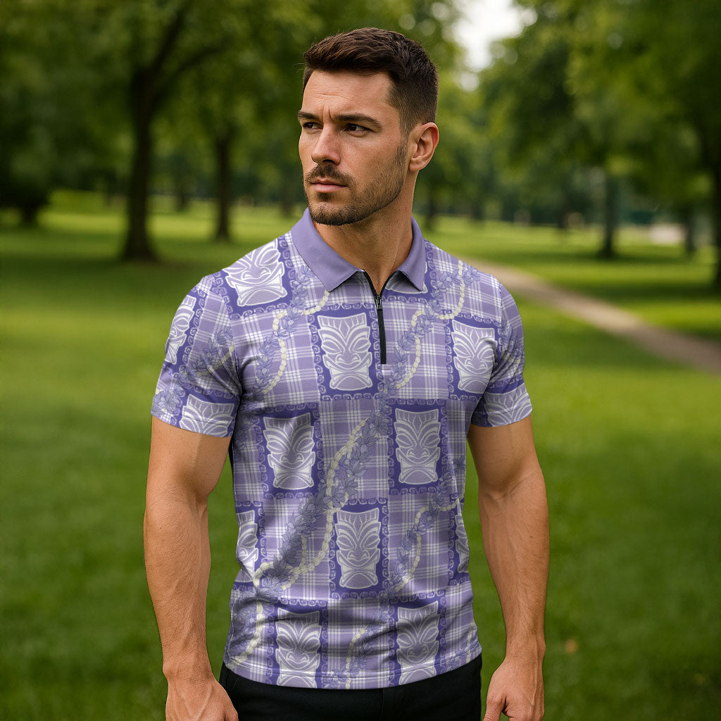 Aloha Hawaii Tiki Palaka Motifs Zipper Polo Shirt Honohono Lei Purple Elegant Vibes