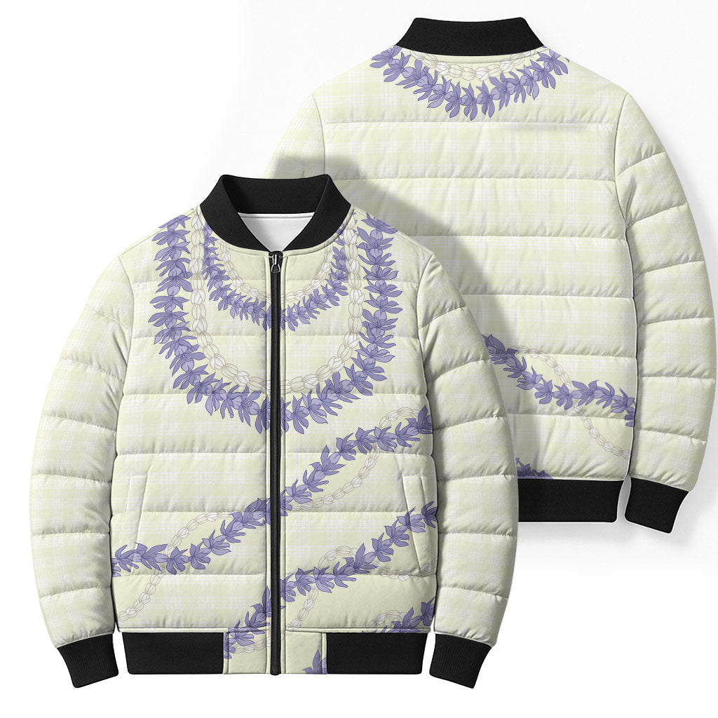 Hawaii Honohono Palaka Motifs Bomber Puffer Jacket Hawaiian Orchid Lei