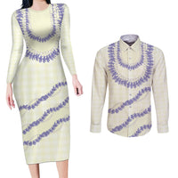 Hawaii Honohono Palaka Motifs Couples Matching Long Sleeve Bodycon Dress and Long Sleeve Button Shirt Hawaiian Orchid Lei