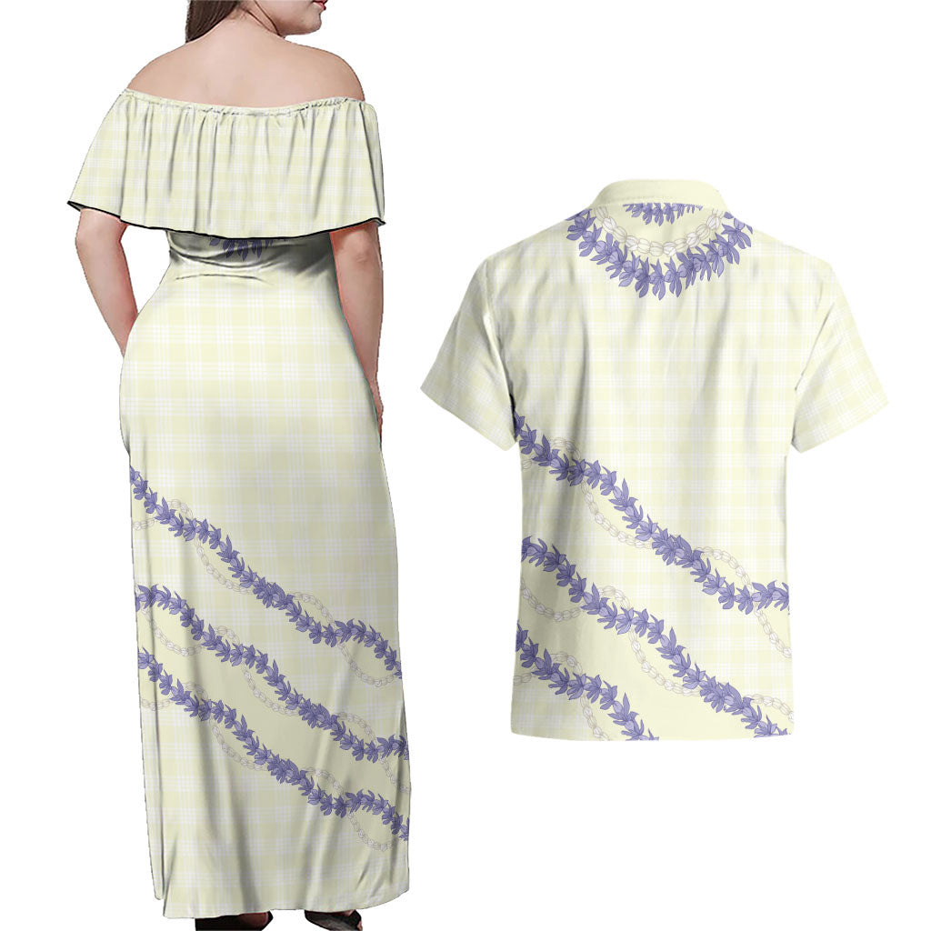 Hawaii Honohono Palaka Motifs Couples Matching Off Shoulder Maxi Dress and Hawaiian Shirt Hawaiian Orchid Lei