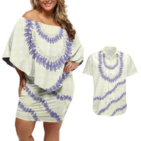 Hawaii Honohono Palaka Motifs Couples Matching Off Shoulder Short Dress and Hawaiian Shirt Hawaiian Orchid Lei
