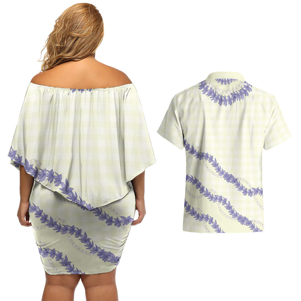 Hawaii Honohono Palaka Motifs Couples Matching Off Shoulder Short Dress and Hawaiian Shirt Hawaiian Orchid Lei