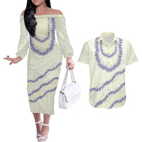 Hawaii Honohono Palaka Motifs Couples Matching Off The Shoulder Long Sleeve Dress and Hawaiian Shirt Hawaiian Orchid Lei