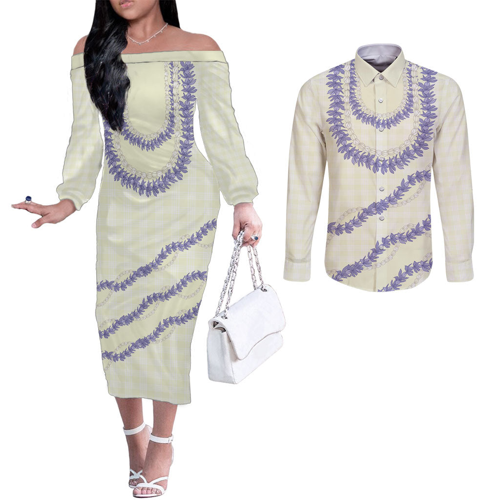 Hawaii Honohono Palaka Motifs Couples Matching Off The Shoulder Long Sleeve Dress and Long Sleeve Button Shirt Hawaiian Orchid Lei