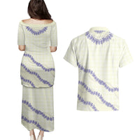 Hawaii Honohono Palaka Motifs Couples Matching Puletasi and Hawaiian Shirt Hawaiian Orchid Lei