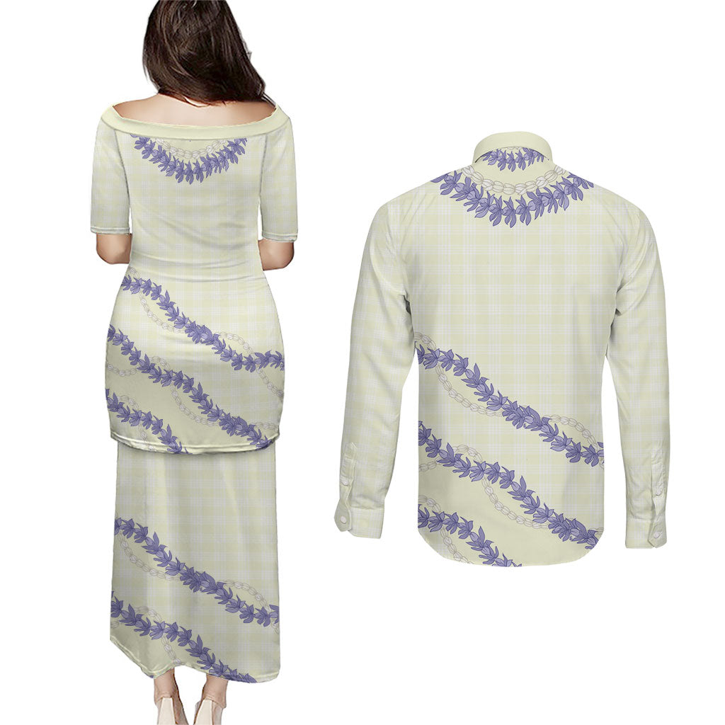 Hawaii Honohono Palaka Motifs Couples Matching Puletasi and Long Sleeve Button Shirt Hawaiian Orchid Lei