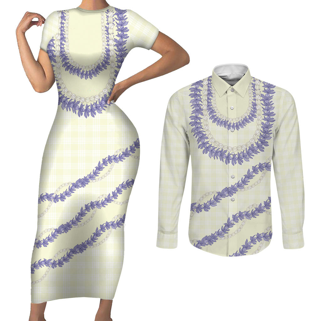 Hawaii Honohono Palaka Motifs Couples Matching Short Sleeve Bodycon Dress and Long Sleeve Button Shirt Hawaiian Orchid Lei