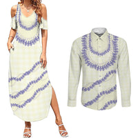 Hawaii Honohono Palaka Motifs Couples Matching Summer Maxi Dress and Long Sleeve Button Shirt Hawaiian Orchid Lei