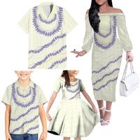 Hawaii Honohono Palaka Motifs Family Matching Off The Shoulder Long Sleeve Dress and Hawaiian Shirt Hawaiian Orchid Lei
