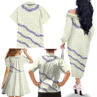 Hawaii Honohono Palaka Motifs Family Matching Off The Shoulder Long Sleeve Dress and Hawaiian Shirt Hawaiian Orchid Lei