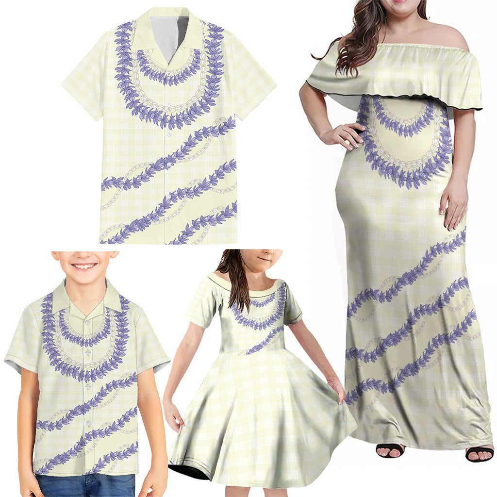 Hawaii Honohono Palaka Motifs Family Matching Off Shoulder Maxi Dress and Hawaiian Shirt Hawaiian Orchid Lei