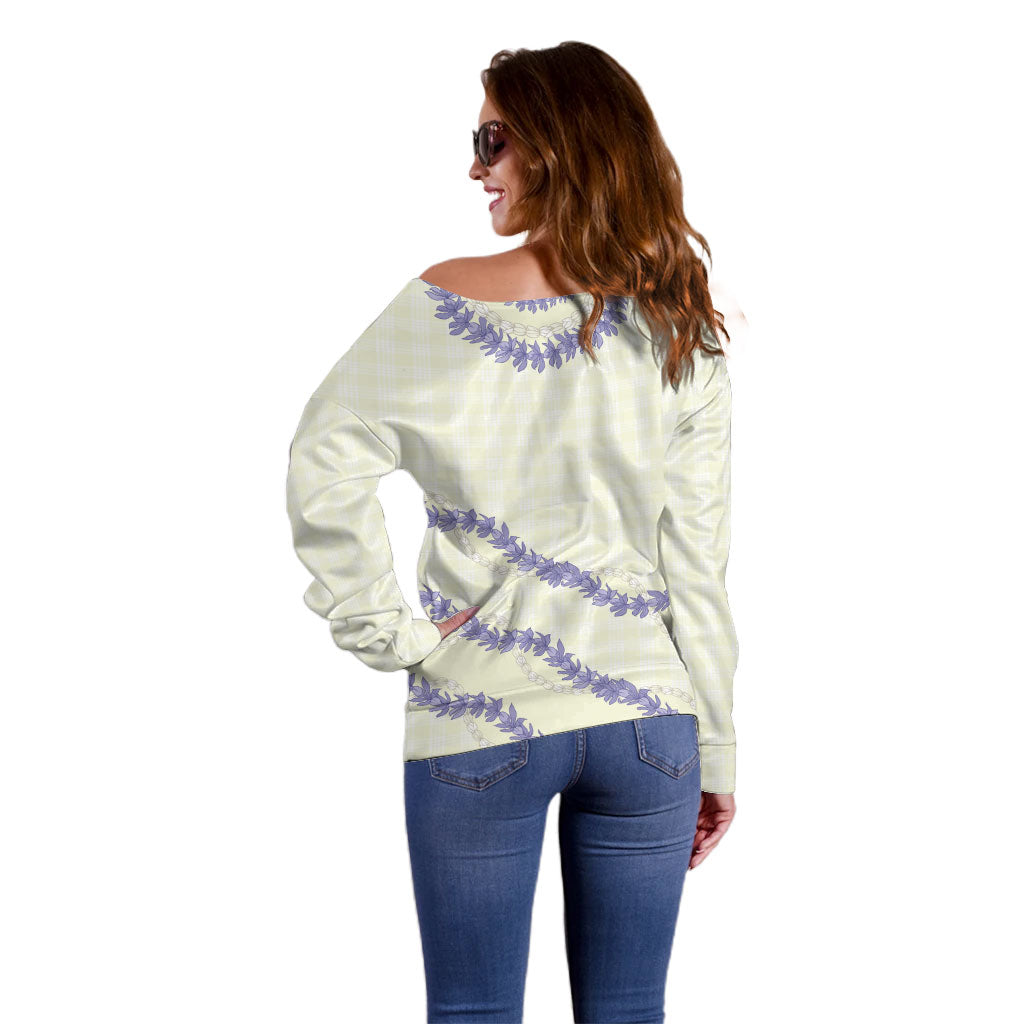 Hawaii Honohono Palaka Motifs Off Shoulder Sweater Hawaiian Orchid Lei