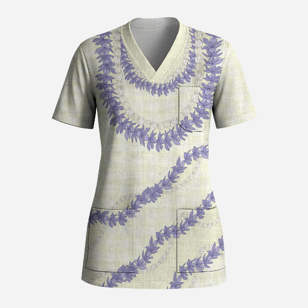 Hawaii Honohono Palaka Motifs Scrub Top Hawaiian Orchid Lei