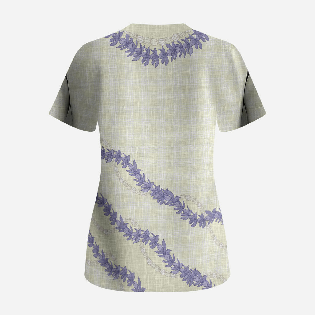 Hawaii Honohono Palaka Motifs Scrub Top Hawaiian Orchid Lei