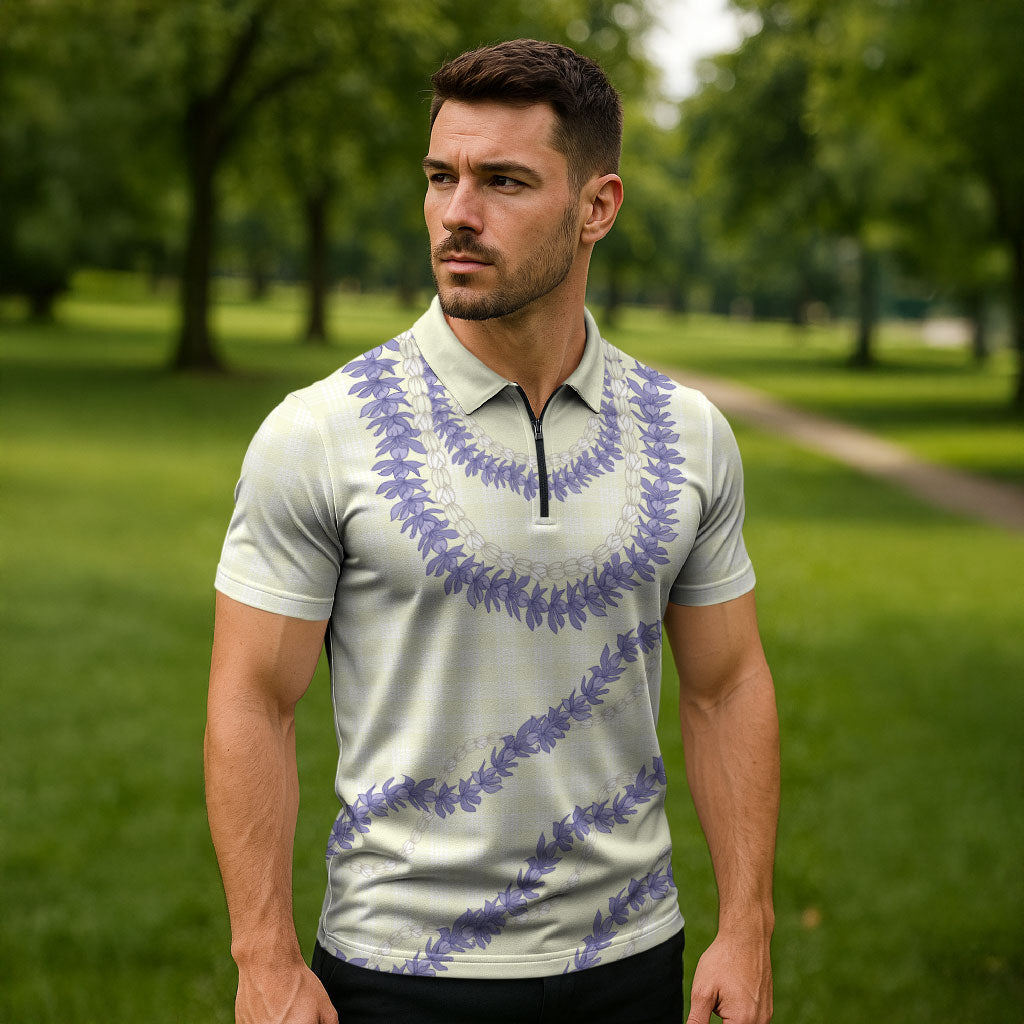 Hawaii Honohono Palaka Motifs Zipper Polo Shirt Hawaiian Orchid Lei