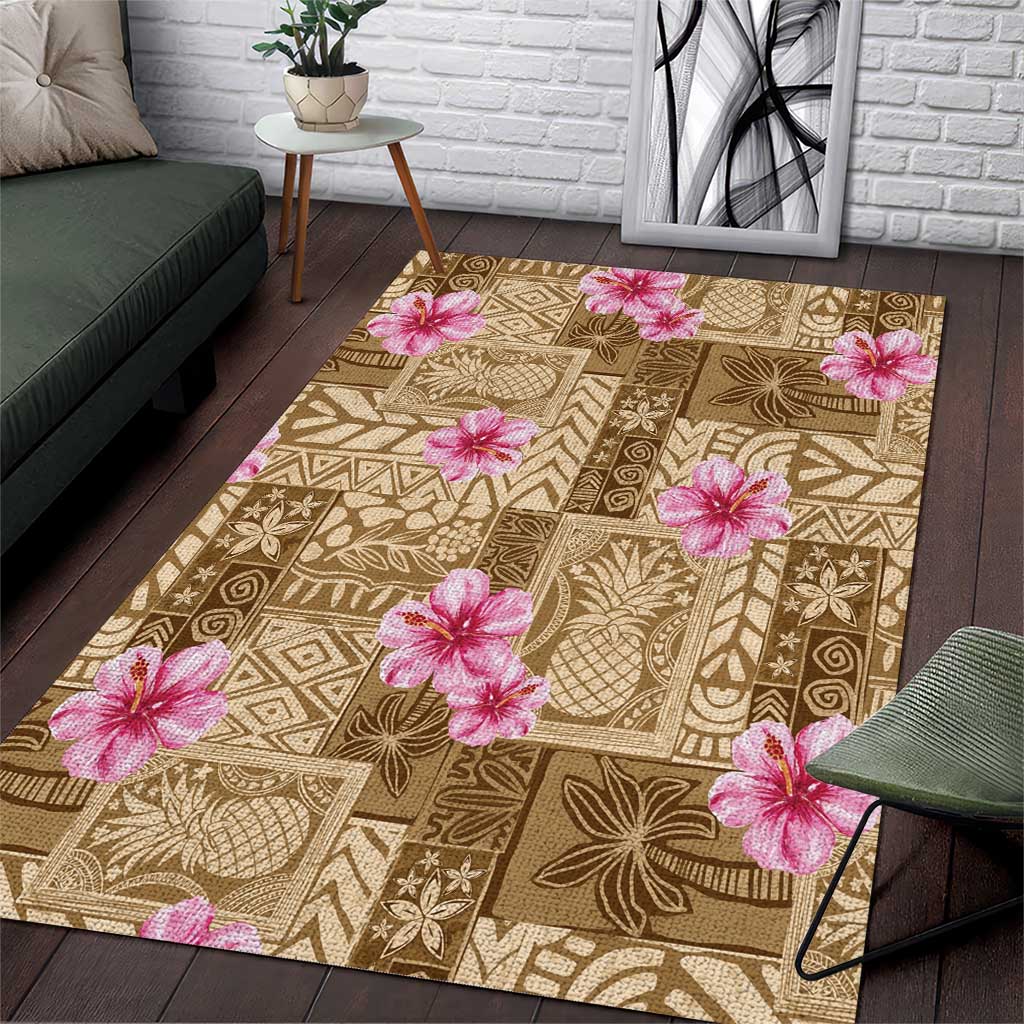 Beige Hawaii Hibiscus With Tropical Flowers Motifs Area Rug - Polynesian Pride