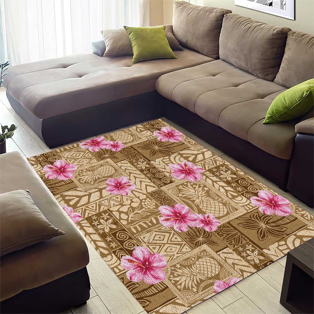 Beige Hawaii Hibiscus With Tropical Flowers Motifs Area Rug - Polynesian Pride