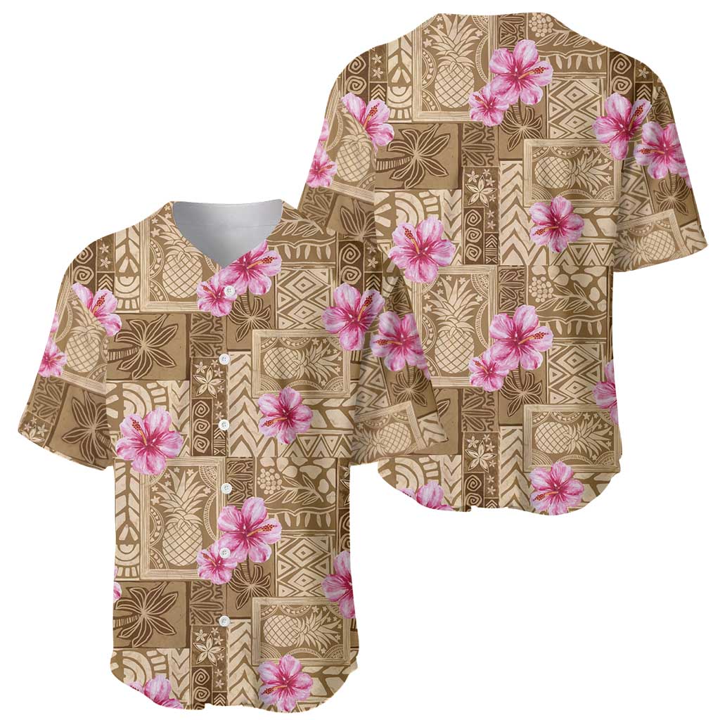Beige Hawaii Hibiscus With Tropical Flowers Motifs Baseball Jersey - Polynesian Pride