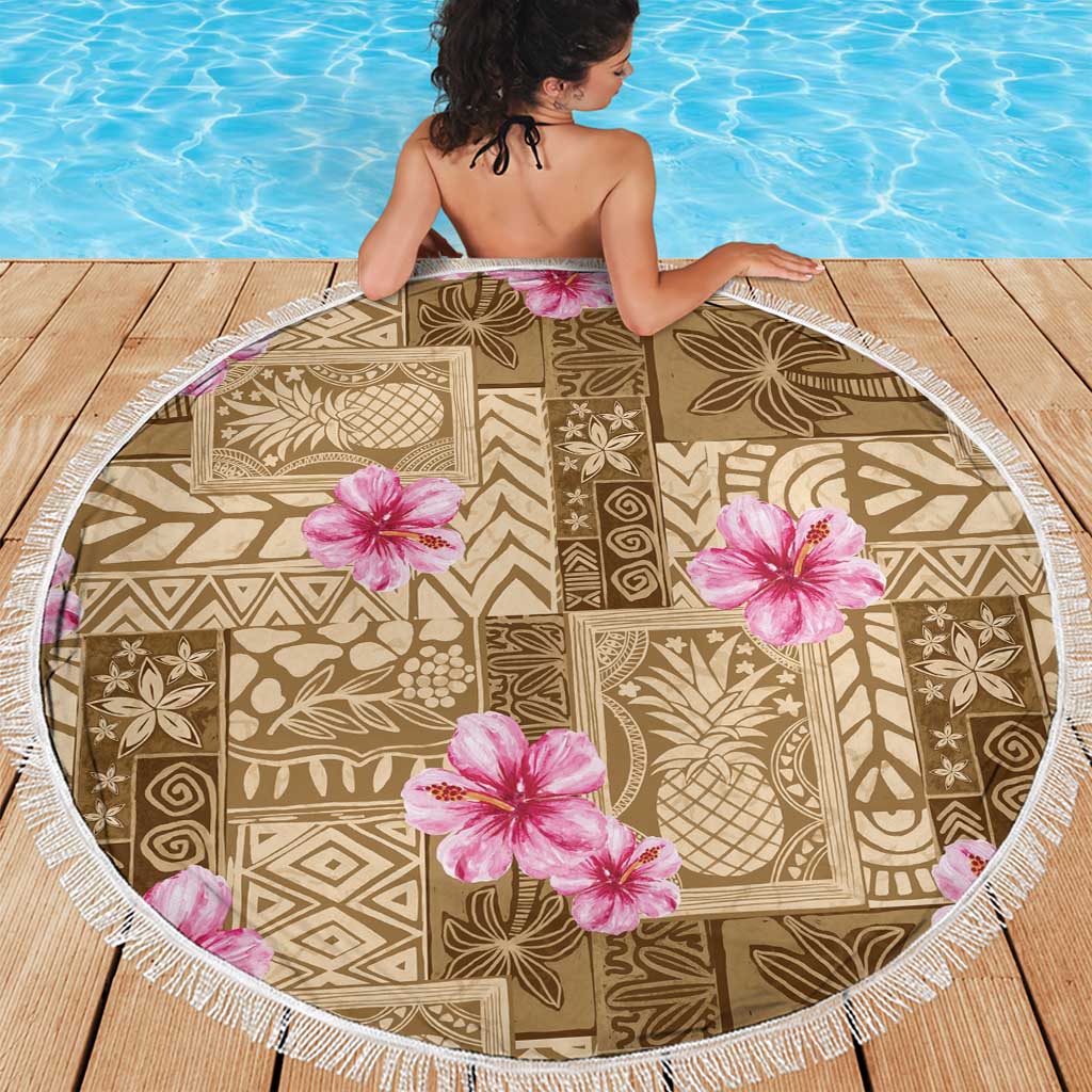 Beige Hawaii Hibiscus With Tropical Flowers Motifs Beach Blanket - Polynesian Pride