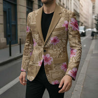 Beige Hawaii Hibiscus With Tropical Flowers Motifs Blazer - Polynesian Pride