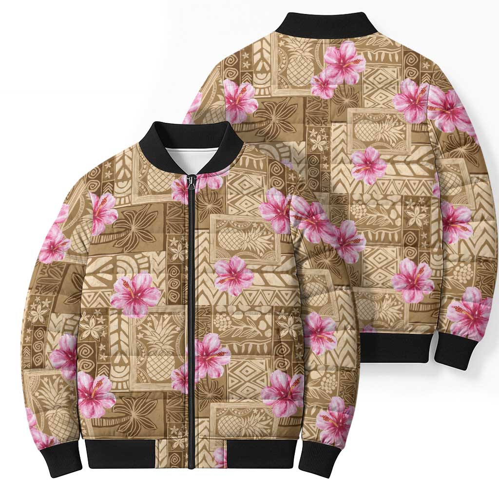 Beige Hawaii Hibiscus With Tropical Flowers Motifs Bomber Puffer Jacket - Polynesian Pride