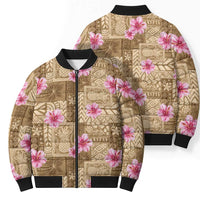 Beige Hawaii Hibiscus With Tropical Flowers Motifs Bomber Puffer Jacket - Polynesian Pride