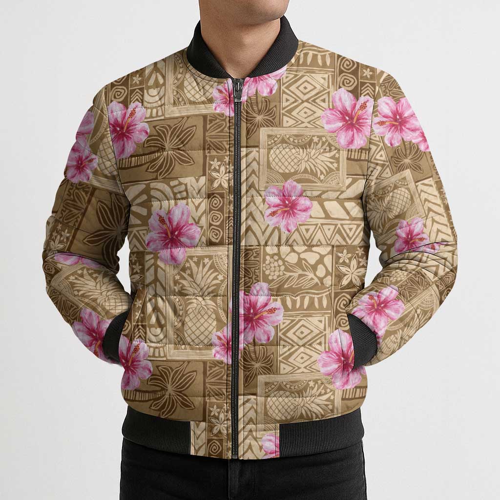 Beige Hawaii Hibiscus With Tropical Flowers Motifs Bomber Puffer Jacket - Polynesian Pride