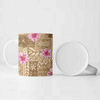 Beige Hawaii Hibiscus With Tropical Flowers Motifs Ceramic Mug - Polynesian Pride